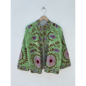 Green Velvet Quilted Jacket with Uzbek Floral Embroidery Cotton Lining Boho Chic Women's Casual Quick Dry Spring/Autumn/Winter - Product Image 5