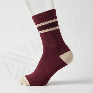 Burgundy Crew <b>Socks</b> With White Stripes And Cream Toe Breathable Knitted For Casual Wear Adults - Product Image 3