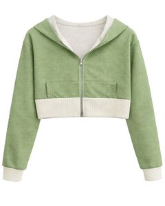 Sudadera con capucha corta personalizada para mujer, color verde salvia claro y forro polar de algodón, sudadera con capucha de bloques de color, chaqueta informal estilo streetwear. - Product Image 1