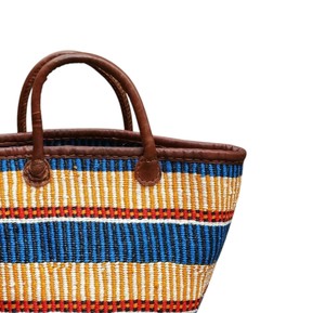 Blue Yellow Seagrass Handbags Leather Handle Woven <b>Straw</b> Tote <b>Bag</b> Fashion Women <b>Summer</b> Beach Purse OEM ODM - Product Image 4