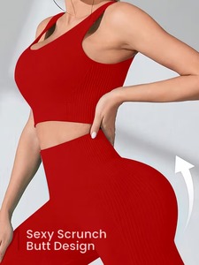 Seamless Compression Fitness Suit 2 Piece Racerback <b>Crop</b> <b>Top</b> and Elastic <b>Supportive</b> Squat Proof Yoga Pants Gym Wear Outfit - Product Image 2