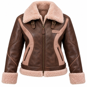 <b>Womens</b> Brown Blush Pink Genuine Sheepskin Leather Shearling <b>Jacket</b> Plush <b>Fleece</b> Lapel Buckled Strap Winter <b>Warm</b> Coat - Product Image 1