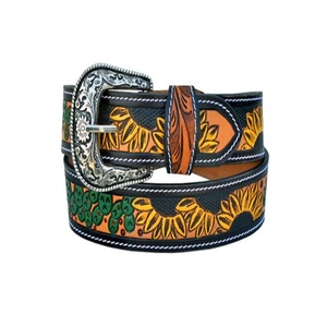 Cinturón de Cuero Puro Occidental Personalizado con Grabado Floral y Hebilla de Latón para Hombre y Mujer - Product Image 1