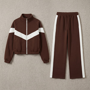 Survêtement en molleton à motif chevron, veste zippée intégrale, pantalon coupe droite, sweats à capuche, coupe décontractée, tenue décontractée d'automne, vente en gros, logo personnalisé - Product Image 4