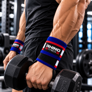 สายรัดข้อมือผ้าฝ้าย RHINO FITNESS แบบตีนตุ๊กแก สำหรับยกน้ำหนัก สีน้ำเงิน แดง ขาว - Product Image 4
