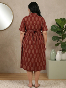 Ensembles pour femmes, robe de maternité grande taille, imprimé floral Buti, coton, manches courtes, col chemise, bordeaux, vêtements ethniques décontractés pour la grossesse - Product Image 3