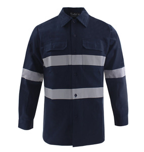 Chemise de travail réfléchissante bleu marine pour homme, manches longues, uniforme en coton haute visibilité avec bandes argentées - Product Image 1