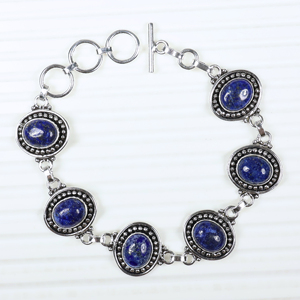 Pulsera de Eslabones con Cierre de Palanca y Piedra Ovalada de Lapislázuli Chapada en Plata de Ley, Estilo Vintage de Alta Calidad, Joyería Étnica Bohemia - Product Image 3