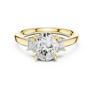 Bague de fiançailles en or jaune avec diamant taille ovale et pierres latérales taille baguette, bague de mariage solitaire pour femme - Product Image 1