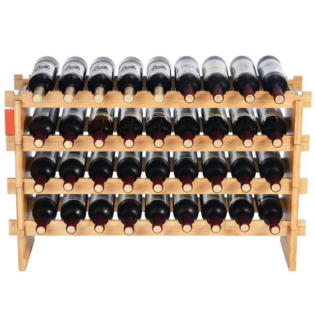 36-Bottle Stackable Modular Wine Rack 4-Tier Solid Bamboo Storage Racks Oak Floor Freestanding Wine Holder Display Shelf