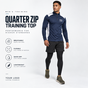 Men's Quarter <b>Zip</b> Training Top Regular Fit Breathable Quick Dry 100% Cotton Sporty Front Logo Stand Collar Eco-Friendly Pocket - Product Image 1