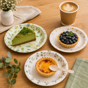 Assiettes en papier jetables biodégradables EcoRev avec motif de feuilles et points dorés pour les collations et les desserts de fête - Product Image 5