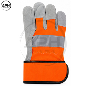 Full <b>Finger</b> Leather Palm Reflective Stripe Work Hand Wear Adjustable Cuff Wholesale Rate Grey Orange Hi Visibility <b>Gloves</b> - Product Image 5