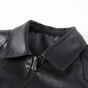 Veste en cuir pour homme, style moto, col rabattu, fermeture éclair, couleur noire unie, doublure en satin, style automne, haute qualité - Product Image 5