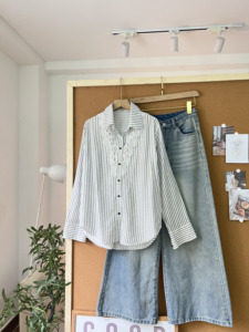 Camisa de Manga Larga a Rayas para Mujer, Modelo L816, de Algodón Grueso Tejido, con Cuello Camisero, Estilo Casual, Primavera-Verano, con Parches de Encaje, Color Pastel - Product Image 4