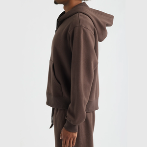 Sweat à capuche zippé personnalisé marron épais et surdimensionné en molleton 100 % coton avec logo frontal et épaules tombantes pour l'hiver - Product Image 3