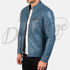 Chaqueta de cuero azul pizarra para hombre, corte ajustado, piel de oveja auténtica, abrigo informal de otoño e invierno, estilo motociclista, con cuello de banda y cierre de cremallera. - Product Image 5