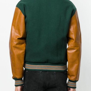 Chaqueta Varsity Verde para Hombre con Mangas de Cuero Marrón, Corte Regular, Cuello Camisero, Ropa Casual de Otoño - Product Image 3
