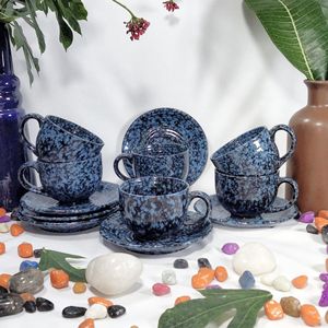 Ensemble de tasses à café et soucoupes en céramique artisanale de luxe, glaçure réactive bleu foncé, vaisselle en grès, tasses à thé, poterie artistique de studio - Product Image 1