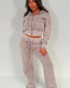 Sweat-shirt court à capuche gris en molleton délavé sur mesure pour femme avec poches, ensemble de survêtement décontracté couleur unie 200 g - Product Image 3