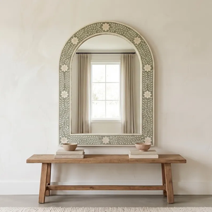 Miroir d'arche en os incrusté de fleurs, vert sauge, décoration murale, décoration intérieure - Product Image 2