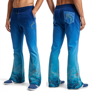Contemporary Men's Flare Rhinestone Pants Featuring Ocean Wave Crystal Artwork with Premium Casual Fashion Construction - Product Image 2