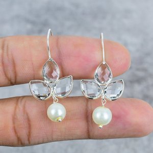 Pendientes de Plata de Ley 925 con Cristal de Cuarzo en Forma de Pera y Perla, con Alambre de Plata, Accesorio Moderno para Mujer para Uso Diario - Product Image 3
