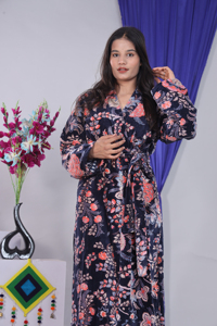 Bata de terciopelo con estampado de pájaros para mujer, de longitud completa, manga larga, cuello en V, cierre con cordón, ropa de dormir suave y acogedora para invierno - Product Image 4