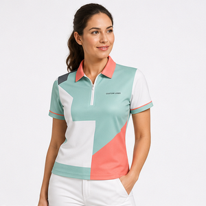 Custom Logo <b>Womens</b> Mint <b>White</b> Coral Color Blocks Short Sleeve <b>Polo</b> <b>Shirt</b> Quick Dry Sublimation Golf Sportswear - Product Image 1