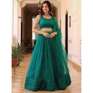 Teal Green Soft Net <b>Sequins</b> Monochrome Lehenga Choli for Women - Product Image 1