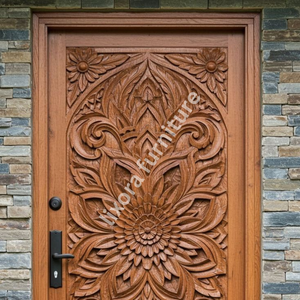 Puerta Principal de Madera Sólida Tallada a Mano con Mandala Floral, Decoración Artística para Entrada Exterior - Product Image 2