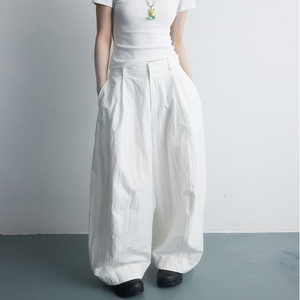 White Women's Loose Wide Leg Harem Pants High <b>Waist</b> Full Length Cotton Casual Summer <b>Trousers</b> Pockets <b>Elastic</b> <b>Waist</b> Breathable - Product Image 5