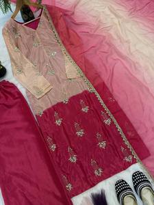 ชุดผ้าไหมชินนอนเนื้อหนักคุณภาพเยี่ยม ประดับด้วยลูกปัดและงานปักมืออย่างประณีต พร้อมกางเกงพลัซโซและผ้าคลุมไหล่ - Product Image 5