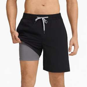 Shorts de Baño para Hombre, Colores Sólidos, 2 en 1, Elásticos en 4 Direcciones, Bolsillo para Teléfono, Secado Rápido, Shorts de Playa con Logotipo Personalizado - Product Image 1
