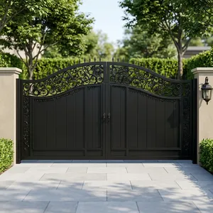 Luxury Black Wrought Iron Double <b>Swing</b> Driveway Gate Ornate Scrollwork Arched Top Solid Privacy Panels Powder Coated Residential - Product Image 2