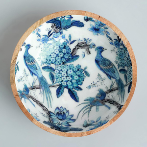 ชามลายดอกไม้สีน้ำเงินพร้อมลายนก  ทำจากไม้ธรรมชาติ  สไตล์วินเทจ สำหรับตกแต่งบ้าน - Product Image 1