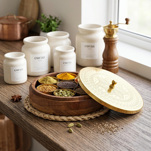 Caja de especias de madera de acacia con tapa de latón y 7 frascos, organizador de especias hecho a mano, contenedor de condimentos de cocina, tradicional - Product Image 4
