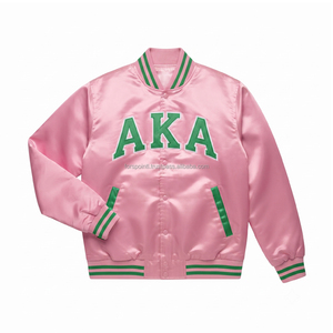 AKA <b>pink</b> Green Satin mens womens Varsity <b>Jacket</b> vintage patchwork Trim Embroidered Sorority Bomber Outerwear casual <b>jacket</b> - Product Image 1