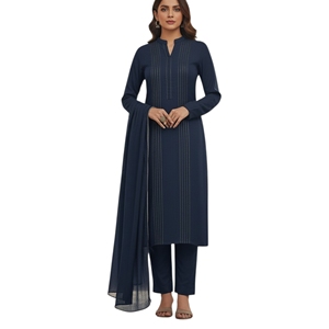 Salwar Kameez en coton bleu marine pour femmes avec broderie rayée, coupe classique, vêtements décontractés traditionnels indiens et pakistanais - Product Image 1