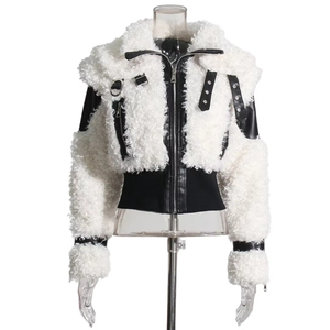Chaqueta de moto para hombre, de invierno, de piel sintética, con cuello de piel sintética, cremallera y remaches, estilo streetwear. - Product Image 4