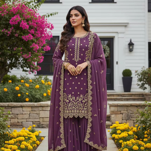 Ensemble Kurti en Faux Georgette à Broderies Lourdes avec Palazzo et Dupatta – Tenue de Soirée Prête-à-Porter Ethnique pour Femme - Product Image 1