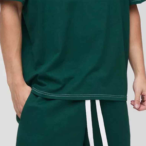 T-shirt en coton uni à col rond et manches courtes pour homme Behram International, coupe ample décontractée, bordure contrastée en jersey tricoté - Product Image 3