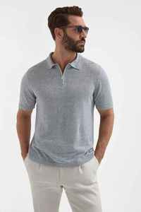 Polo à manches courtes gris clair pour homme, en coton tricoté, respirant, couleur unie, coupe décontractée, fermeture éclair - Product Image 2