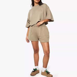 Conjunto Deportivo Informal para Mujer, Camiseta y Pantalones Cortos al por Mayor, Camisetas y Pantalones Cortos de Manga Corta con Estampado Sólido - Product Image 1