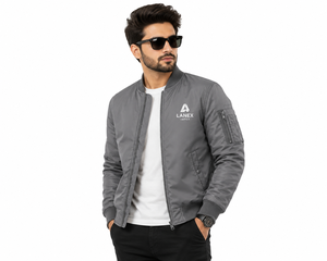 Chaqueta Bomber Gris para Hombre, Fabricación OEM Personalizada, Chaqueta de Vuelo Premium con Cremallera Resistente, Cuello y Puños Acanalados para un Estilo Moderno - Product Image 2