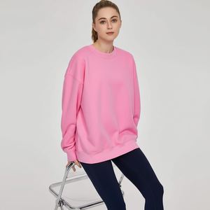 เสื้อสเวตเชิ้ตคอกลมโอเวอร์ไซส์สีชมพูสำหรับผู้หญิง แขนยาว ถักทอสีพื้น ทรงไหล่ตก สวมใส่ในฤดูใบไม้ร่วง - Product Image 4