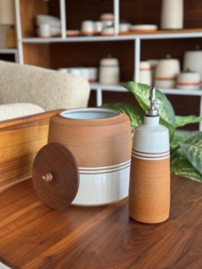 Rustic Ceramic <b>Storage</b> Canister Wooden Lid Handcrafted Glaze Airtight <b>Kitchen</b> Jar Farmhouse Counter Organizer Premium Style - Product Image 3