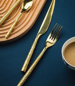 Golden Hammered Finish <b>Flatware</b> <b>Set</b> of 4 Elegant Wedding Restaurant Cutlery <b>Set</b> - Product Image 6