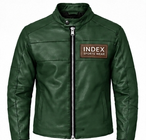 Chaqueta de Cuero Sintético Verde para Hombre, Estilo Motero, Cuello Alto, Cierre de Cremallera, Logotipo Grabado, Estilo Moto, para Otoño - Product Image 1