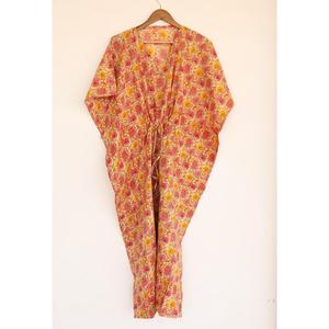 <b>Boho</b> Chic Hand Block Floral Print Pink Kaftan Maxi <b>Dress</b> V-neck Women’s Relaxed Fit Cotton Casual <b>Summer</b> <b>dress</b> - Product Image 1